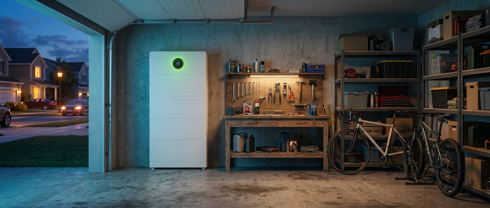 GridBuster unit in a home garage at dusk