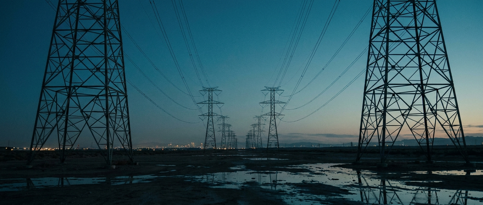 High-voltage transmission corridor at dusk