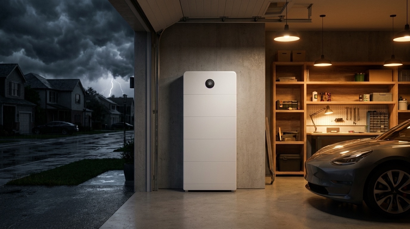 GridBuster Home battery keeping a garage powered during a neighborhood blackout