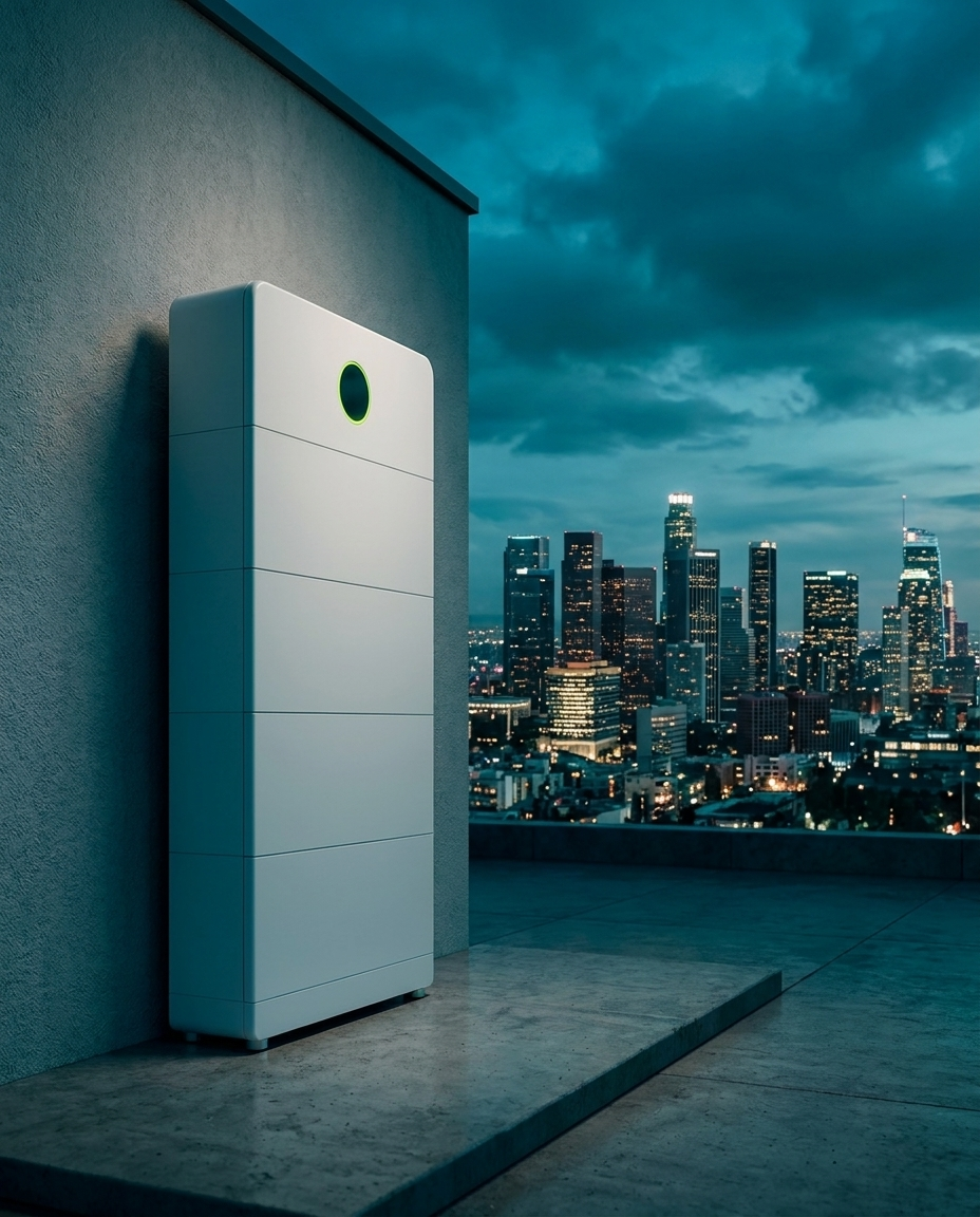 GridBuster unit overlooking a city at dusk