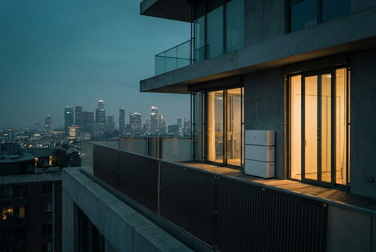 Two balcony solar panels and plug-in storage at an apartment at dusk