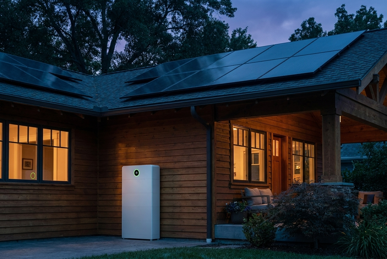 GridBuster residential solar and battery kit at a craftsman home at dusk