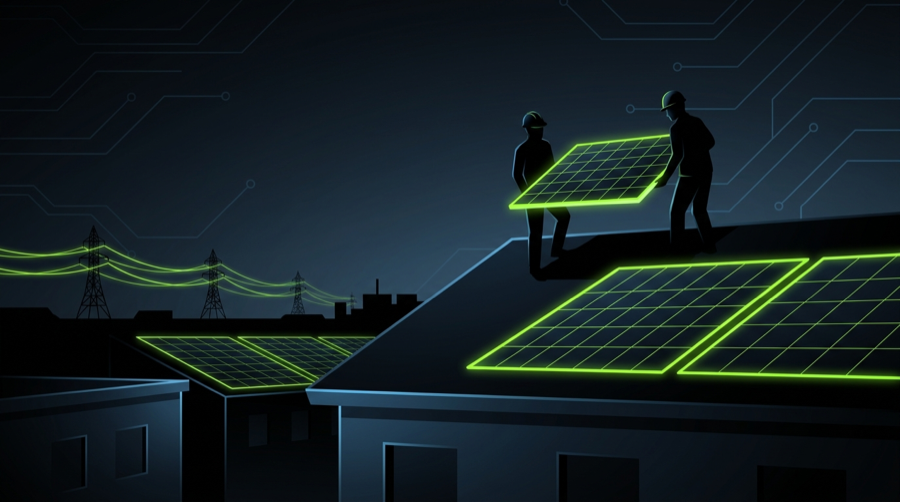 Installers mounting a glowing solar panel on a rooftop at dusk